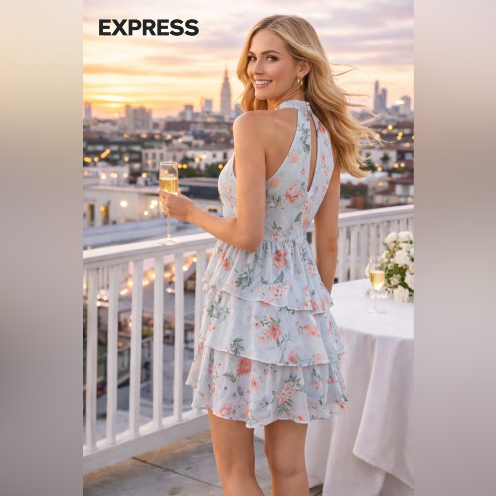 Express Floral Tiered Halter Dress - Light Blue/Pink